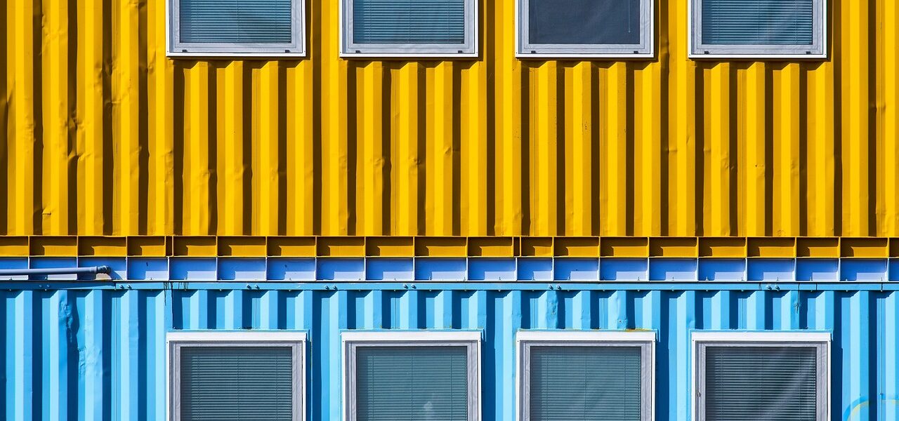 yellow, blue, container, window, color, metal, geometry